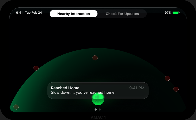 AMAC app interface showing real-time proximity alerts and sensor data